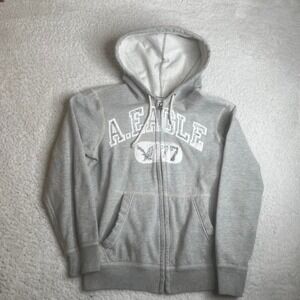 Y2K American eagle men's grey full zip‎ hoodie skater boxy crop S